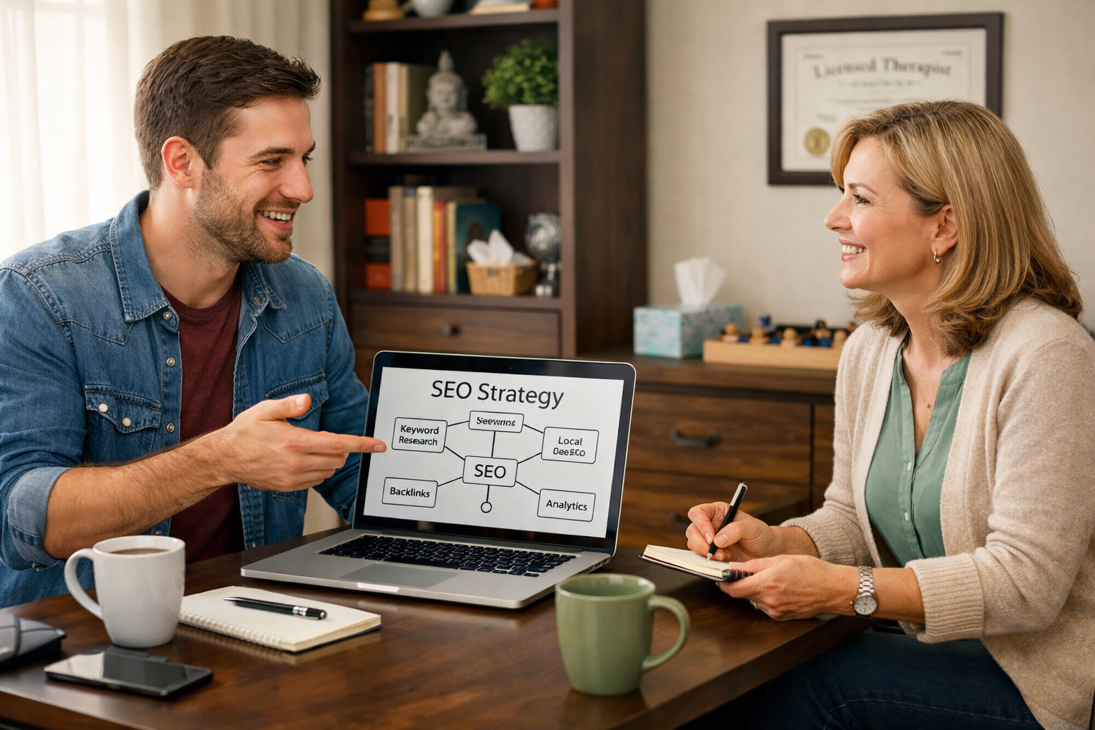 Marketing consultant collaborating with a therapist on website strategy